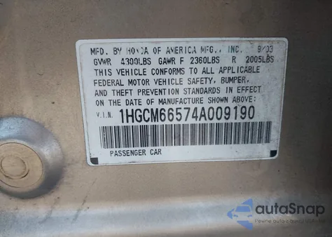 2004 Honda Accord 3.0 Ex from USA, damaged, VIN 1HGCM66574A009190